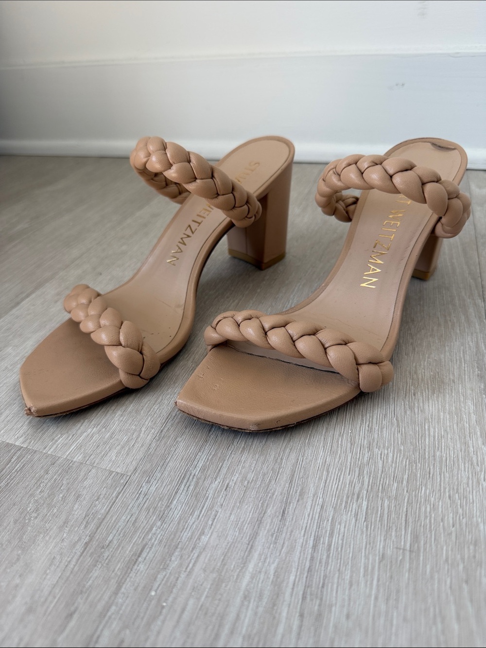Stuart Weitzman Braided Strap Nude Block Heel Sandals